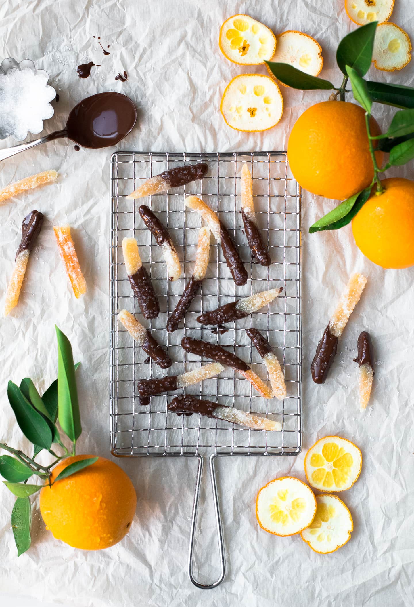 Overhead view of strips of chocolate-dipped candied orange peel on a safety grater, surrounded by more oranges and peel cuttings.