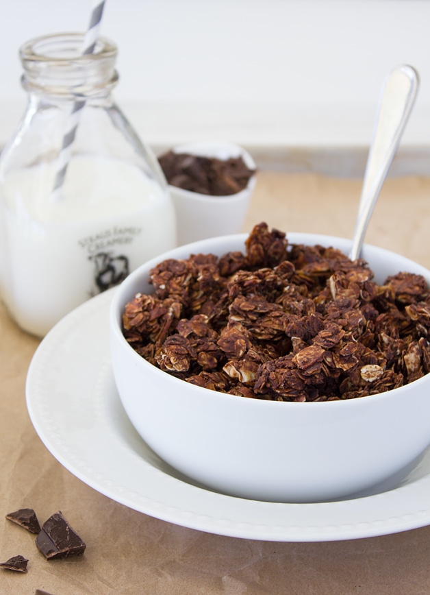 Double Chocolate, Almond, and Coconut Granola - a perfectly crunchy granola filled with chocolate-y clumps of oats, almonds, and coconut flakes, with chunks of dark chocolate in every bite. | www.brighteyedbaker.com