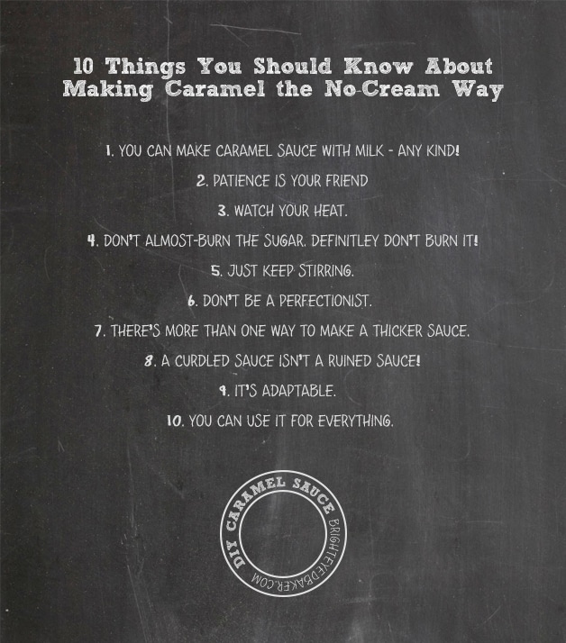 A text graphic on a chalkboard background, displaying 10 tips for making caramel sauce.
