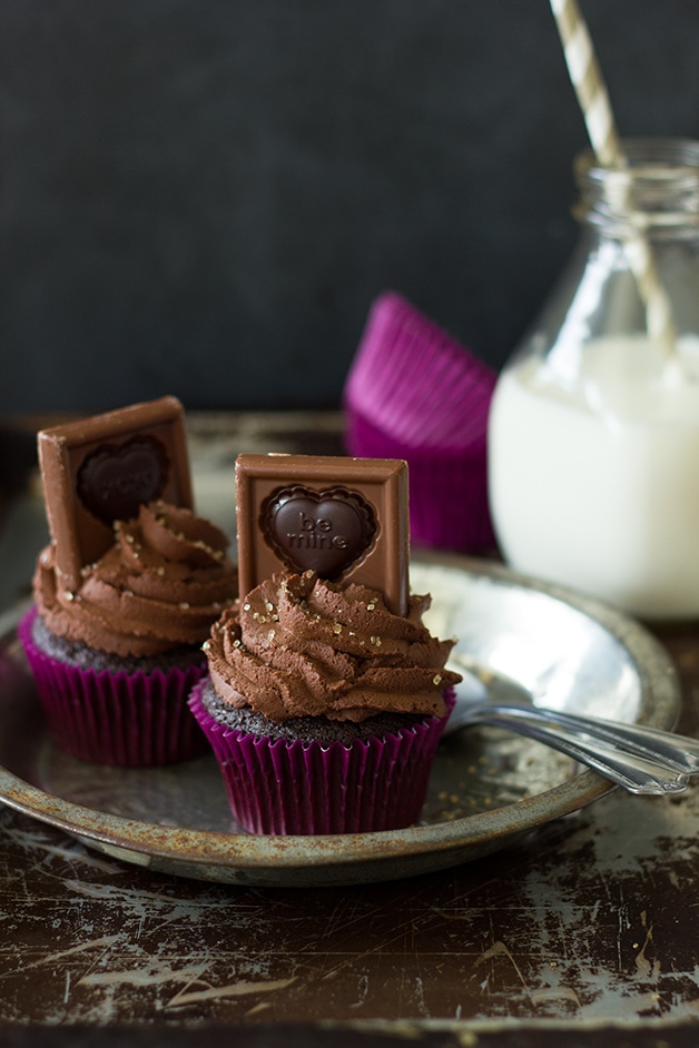 Dark Chocolate Espresso Cupcakes - moist chocolate cupcakes frosted with whipped ganache make a rich chocolate treat with a bold coffee kick! Perfect for Valentine's Day| www.brighteyedbaker.com #GhirardelliVday #CG