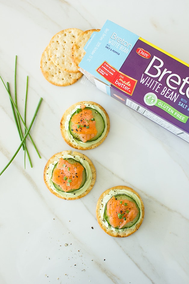 Smoked Salmon & Cucumber Bites with Avocado Cream Cheese - a simple but elegant appetizer to serve for any gathering! | www.brighteyedbaker.com #BretonGlutenFree #CleverGirls