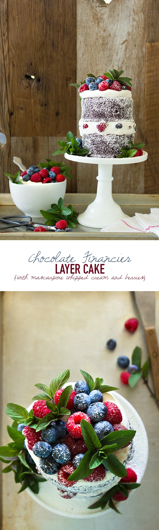 Chocolate Financier Layer Cake with Mascarpone Whipped Cream and Berries {Gluten-Free} | www.brighteyedbaker.com