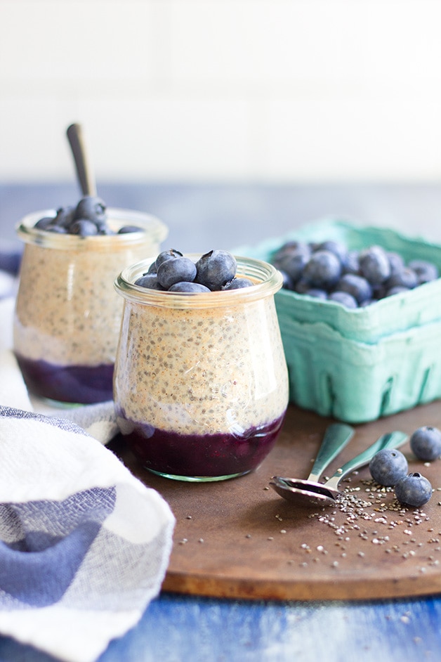 Blueberry & Almond Butter Layered Chia Seed Pudding - a gluten-free, sugar-free, and vegan twist on chia seed pudding with a sweet blueberry compote and topped with a cinnamony almond butter dollop. Guilt-free and SO good. {candida diet friendly}