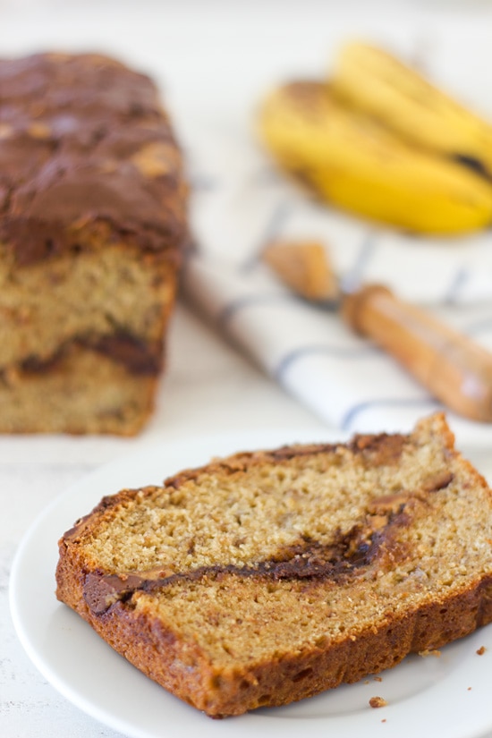 Peanut Butter and Nutella Swirled Banana Bread from Confessions of a Bright-Eyed Baker