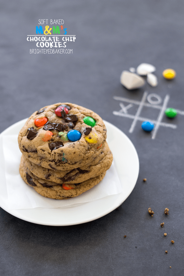 Soft-Baked M&M's Chocolate Chip Cookies - Super-soft, chewy cookies filled with colorful M&M's and chunks of chocolate. From @bright-eyedbaker | brighteyedbaker.com