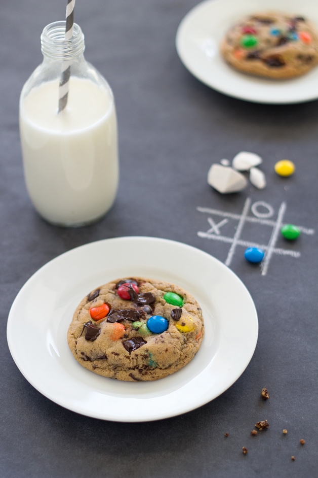 Soft-Baked M&M's Chocolate Chip Cookies - Super-soft, chewy cookies filled with colorful M&M's and chunks of chocolate. From @brighteyedbaker | brighteyedbaker.com