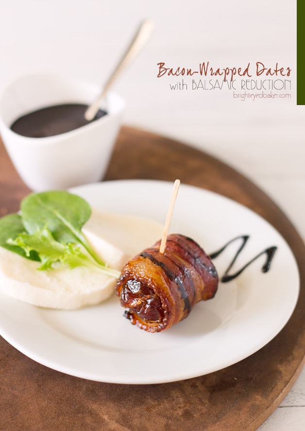 Bacon-Wrapped Dates with Balsamic Reduction - sweet, rich and tender dates stuffed with cheese and wrapped in crispy, smoky bacon with bits of caramelized brown sugar. Say hello to an easy and tasty appetizer!| www.brighteyedbaker.com