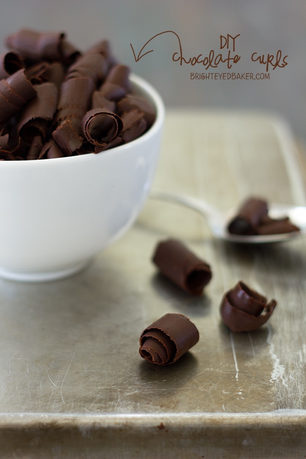 DIY Chocolate Curls - use two staple ingredients to make these gorgeous chocolate curls for garnishing desserts. | www.brighteyedbaker.com