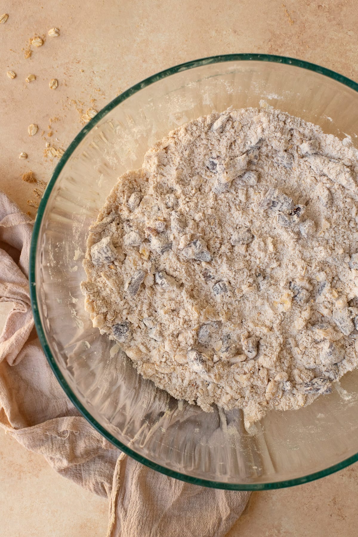 Large mixing bowl filled with dry ingredients.