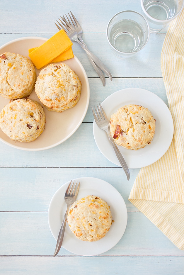 Bacon Cheddar Scones -Flaky, buttery scones flecked with bits of tangy cheddar and crisp bacon. | www.brighteyedbaker.com