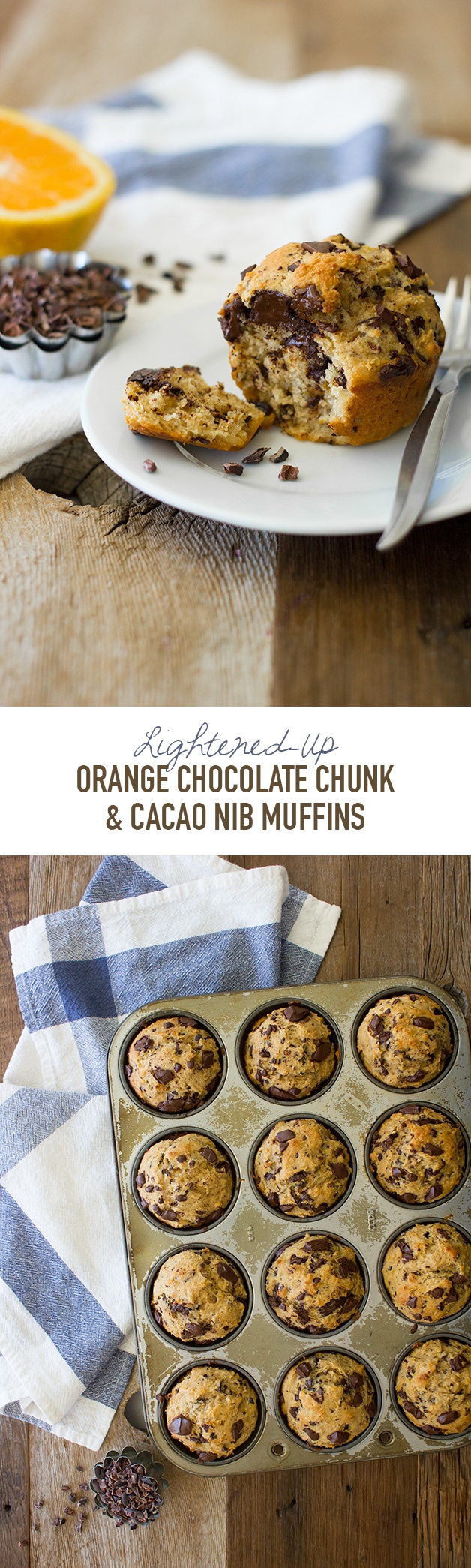 A moist & tender whole wheat muffin with a bright orange flavor, studded with chunks of dark chocolate and crunchy cacao nibs. | www.brighteyedbaker.com