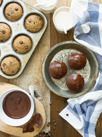 Chocolate-Glazed Espresso & Chocolate Chip Banana Bread Muffins - Light and tender, chocolate-studded banana muffins with a coffee kick, topped with a silky chocolate-espresso ganache. Perfect for a sweet breakfast treat or dessert - no mixer needed! {dairy-free}