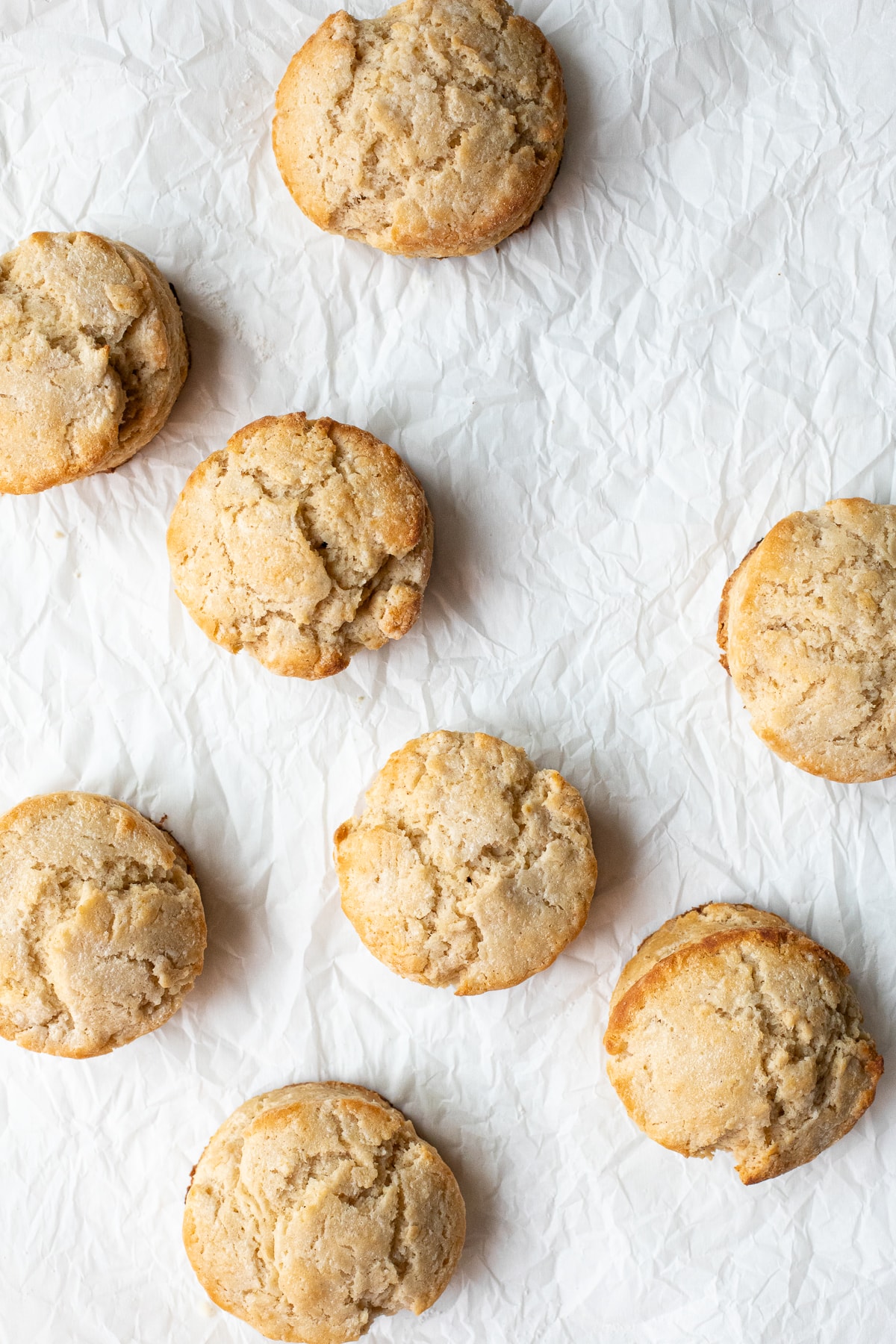 Overhead view of biscuits scattered across a sheet of crumpled parchment paper.