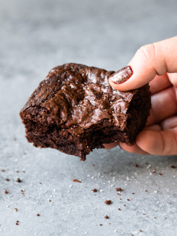 Hand holding a brownie with a bite taken out.