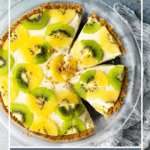 Kiwi pie being sliced in a pie dish, with text overlay.