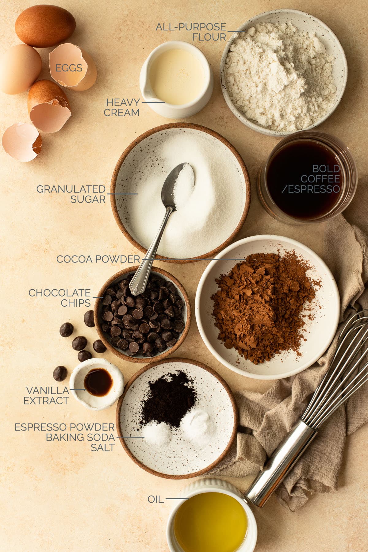 Labeled ingredients needed to make chocolate espresso cupcakes.