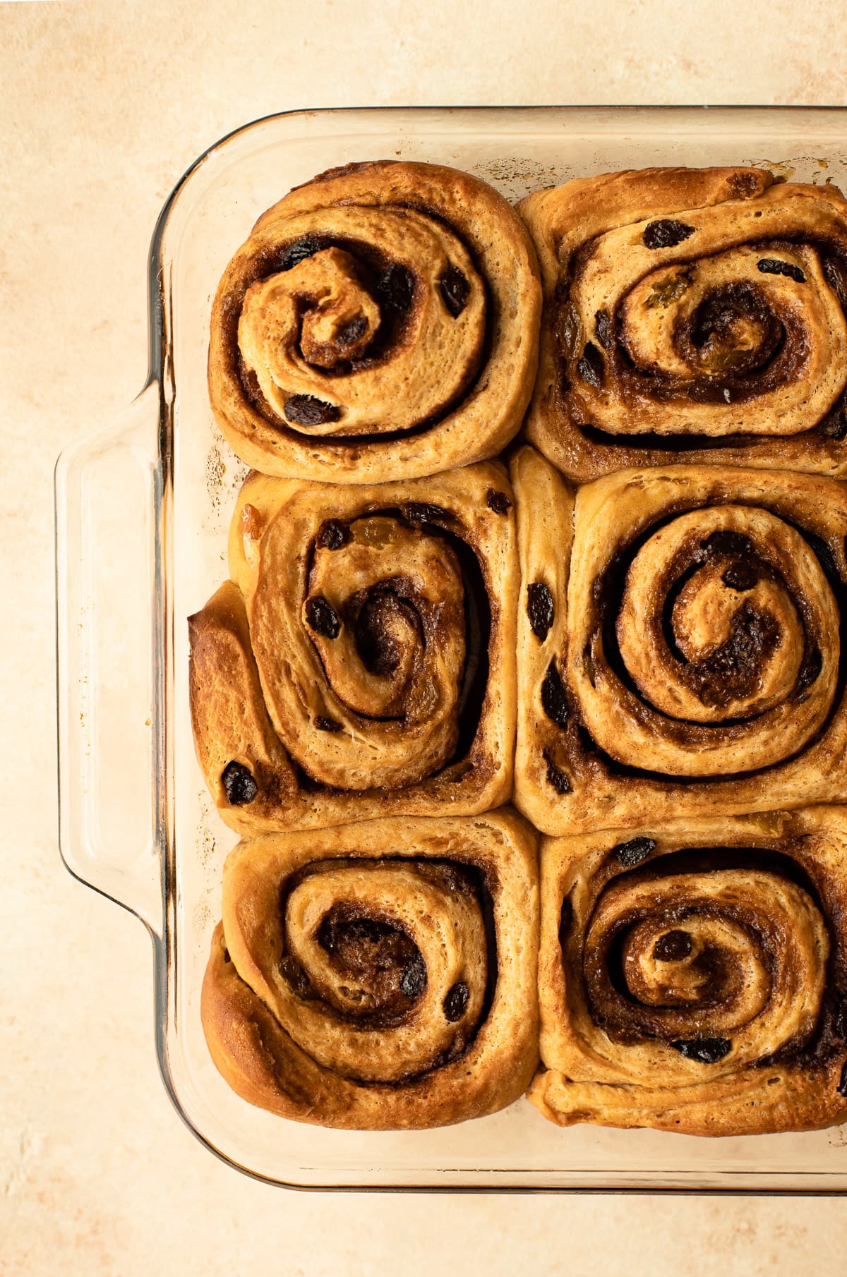 Overhead view of homemade cinnamon rolls in a glass baking dish.