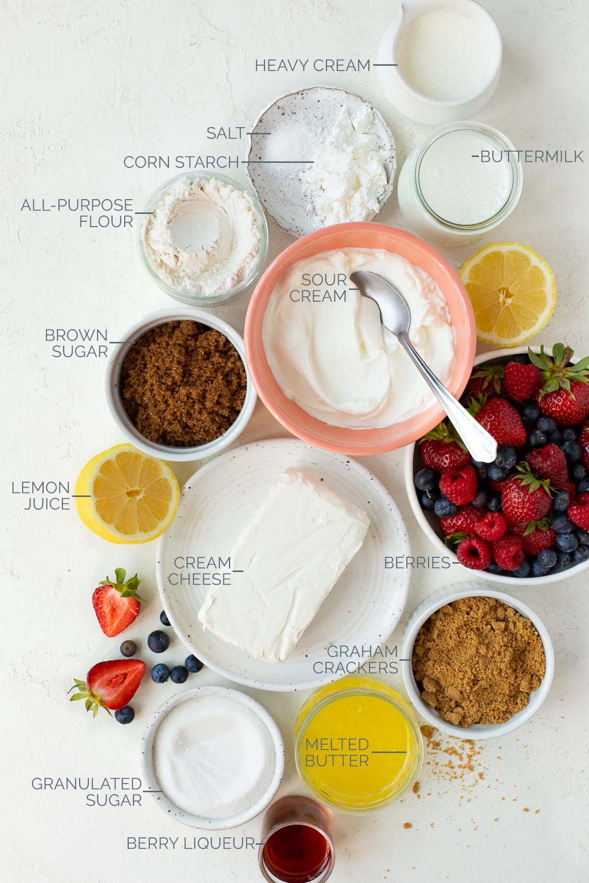 Ingredients needed to make berry cheesecake ice cream, with labels.