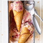 Berry cheesecake ice cream in waffle cones with an ice cream scoop and text showing the recipe name.