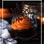 Cupcake topped with a chocolate spider web with recipe name text overlay.