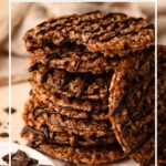 Stacked almond florentines with chopped chocolate in the foreground and recipe title text overlay.