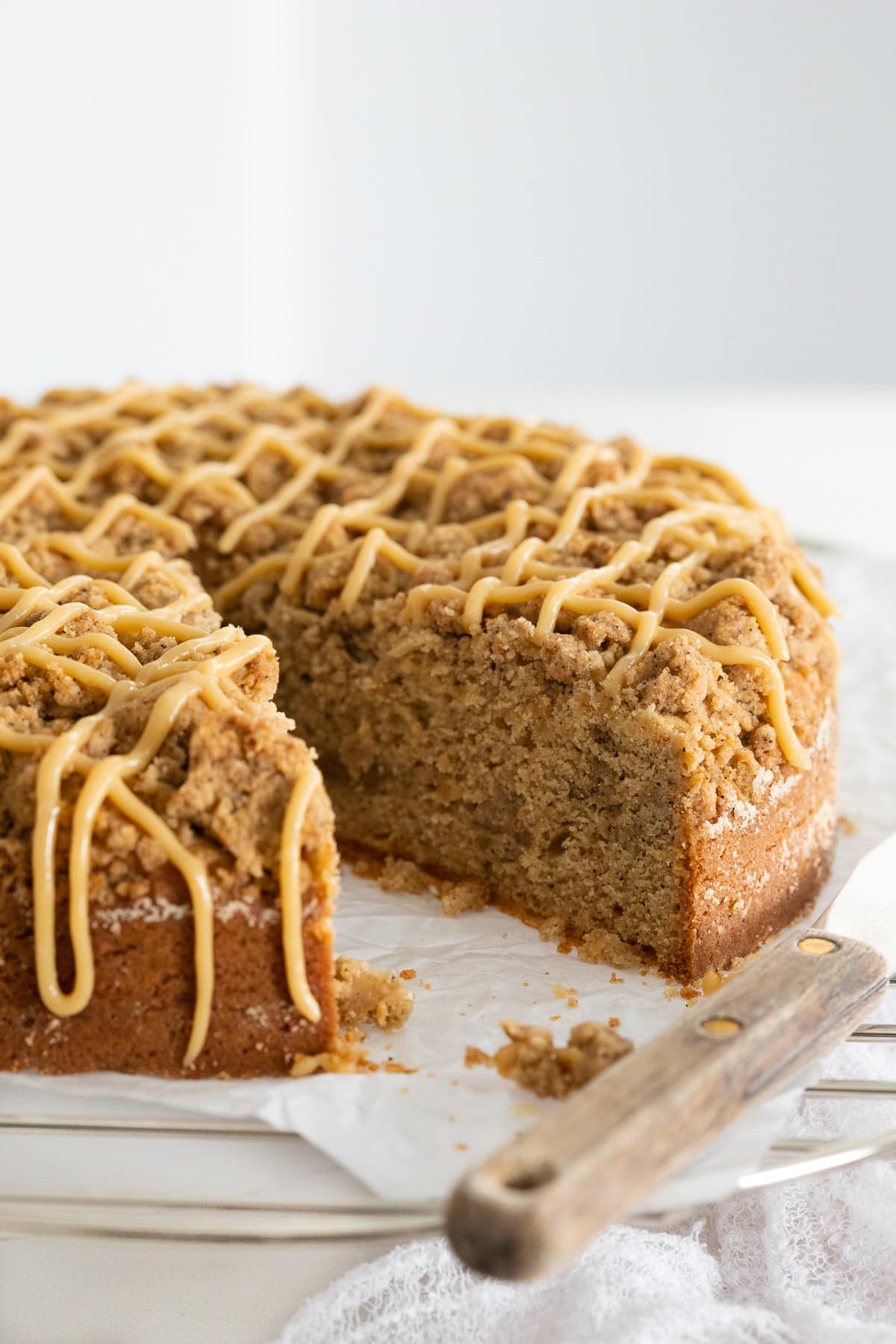 Close up of Irish coffee cake with a slice removed.