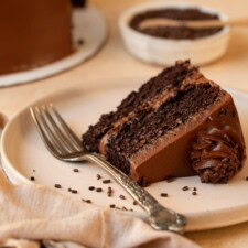 A slice of chocolate cake served with a fork on a plate.