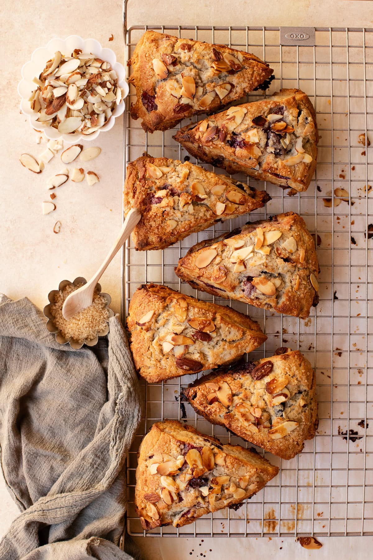 Baked scones cooling on a wire rack.