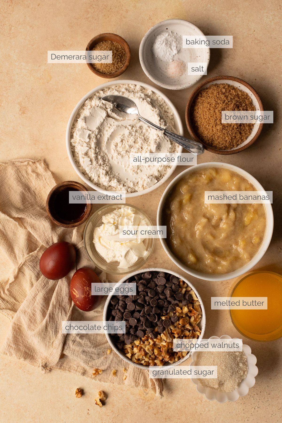 Ingredient for making banana nut bread with chocolate chips.